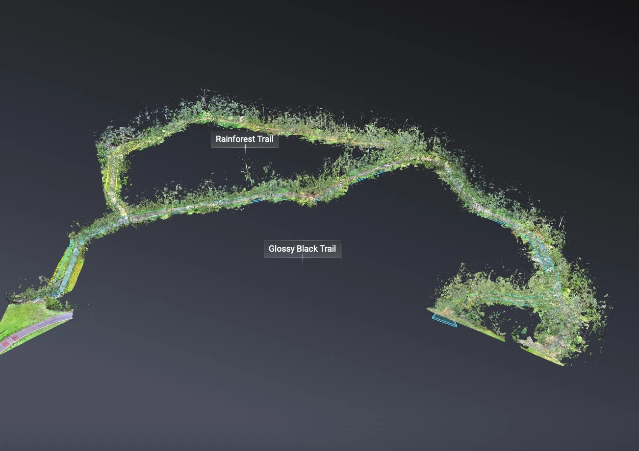 A rainforest trail network captured in 3D, with its trails labelled